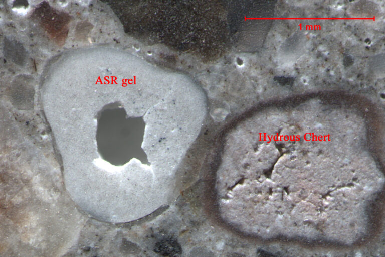 Petrographic thin section showing ASR damage